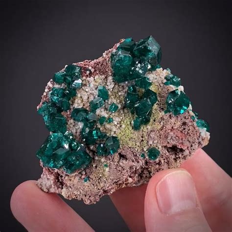 Dioptase On Calcite With Duftite Soreg Tsumeb Mine Namibia