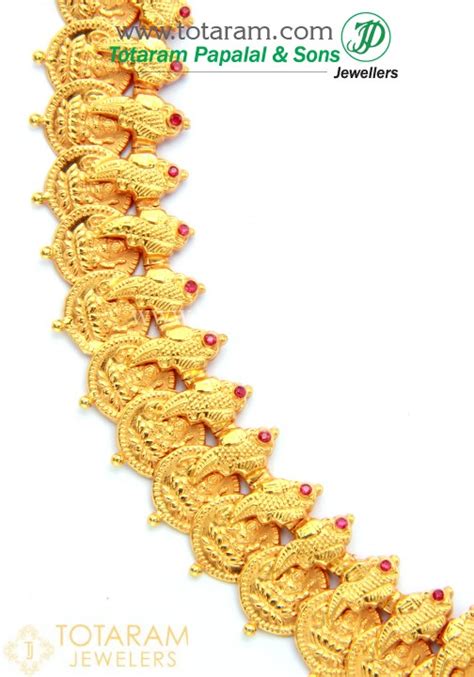 K Gold Parrot Lakshmi Kasu Mala With Red Stones Temple Jewellery