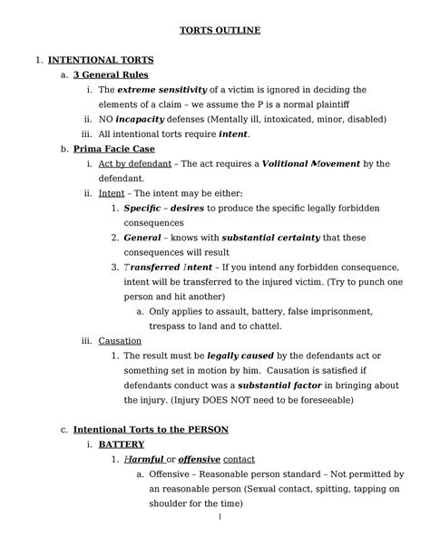 Mbe Torts Outline Torts Torts Outline Intentional Torts A