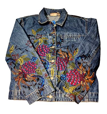 Vintage Chicos Design Embroidered Beaded Denim Jacket Size Ebay