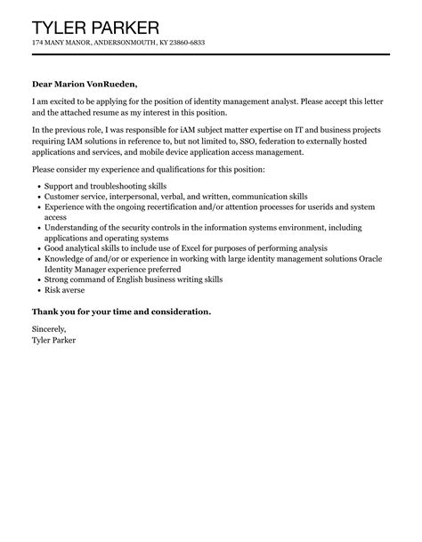 Identity Management Analyst Cover Letter Velvet Jobs