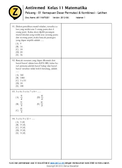 Bab 2 Peluang 01 Kemampuan Dasar Permutasi Dan Kombinasi Latihan Soal