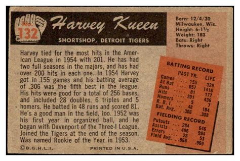 Bowman Harvey Kuenn Tigers Vg Ex Error Set Break