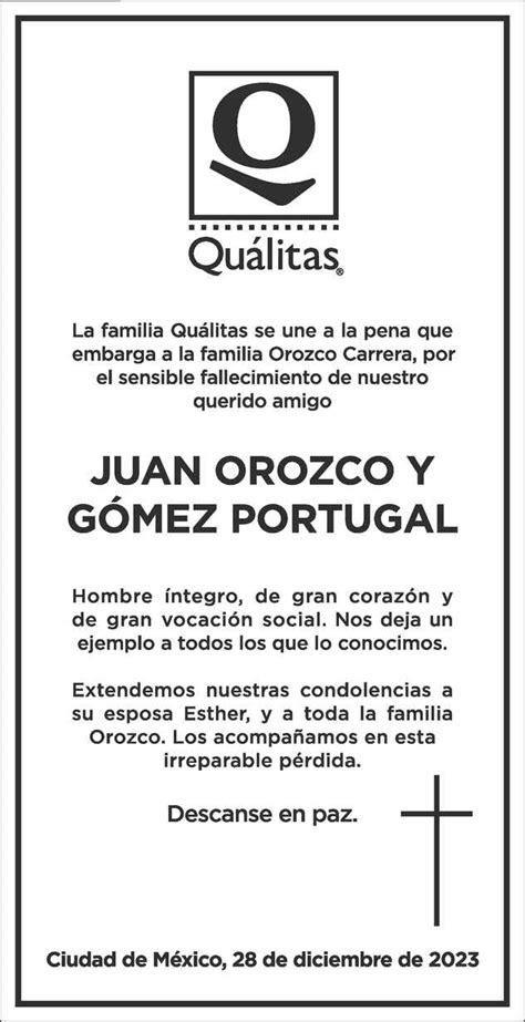 Señor Juan Orozco y Gomez Portugal Obituario Esquela