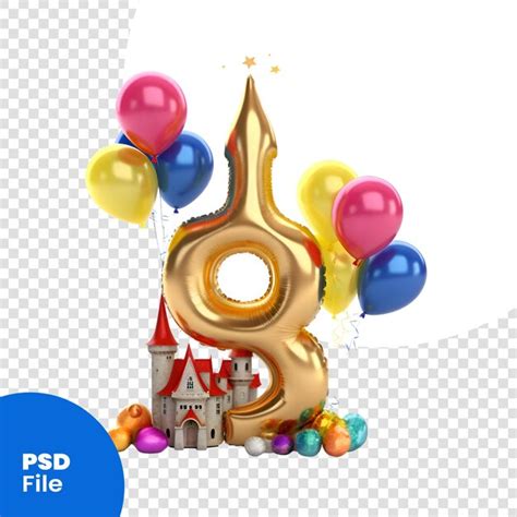 Premium PSD Number Eight With Balloons And Castle On A White