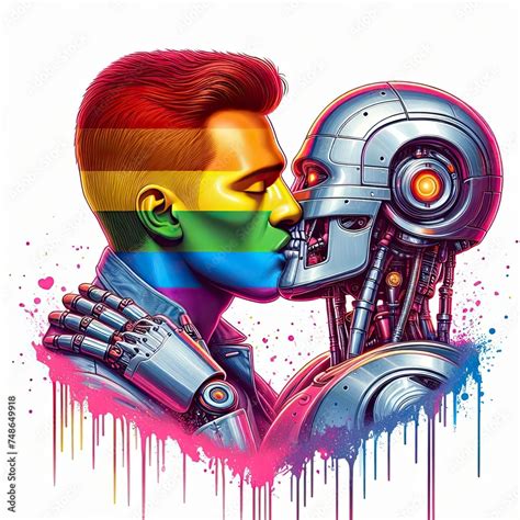 Collage Art Robot Machine Kissing Man Boy LGBTQ Pride Gay Marriage AI Technology Humans Future