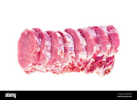 Pork Meat Slices Loin On White Background Top View Stock Photo Alamy