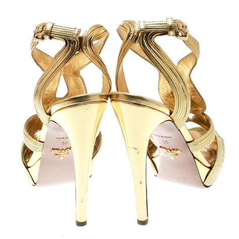 Prada Metallic Gold Leather Peep Toe Ankle Strap Platform Sandals Size