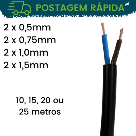 Cabo PP 2 Vias Preto Corfio 500V 2x 0 5mm 1mm 1 5mm 10 Metros 15 Metros