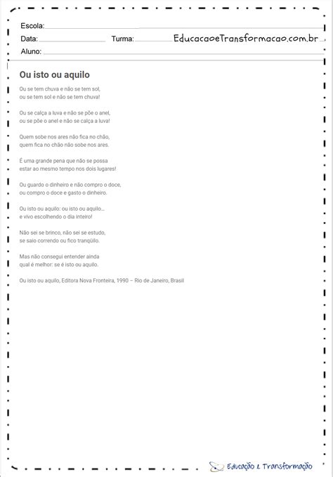 Poema Ou Isto Ou Aquilo Com Interpretação E Gabarito - Poema Ou Isto Ou Aquilo Para Imprimir - RETOEDU