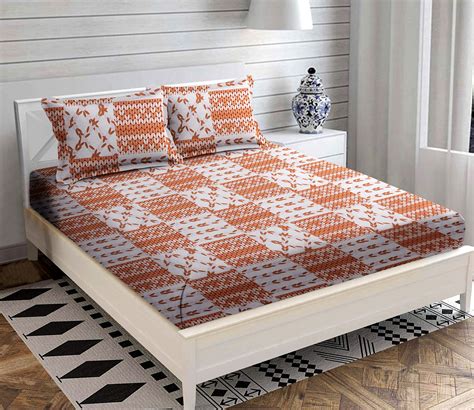 Buy Floral Orange Printed Tc Queen Bed Sheet With Pillow Covers