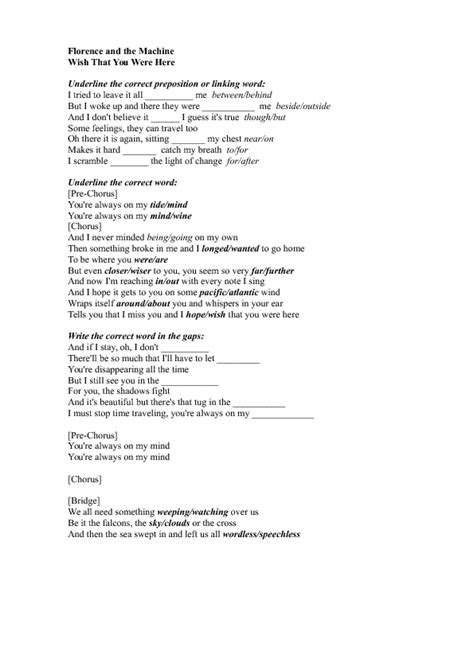 Song Worksheet Wish That You Were Here By Florence And The Machine