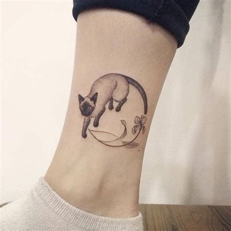 Fine Line Siamese Cat Tattoo On The Ankle