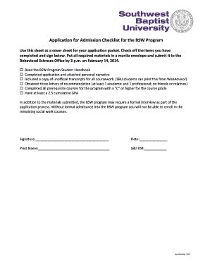 Fillable Online Sbuniv Application For Admission Checklist For The BSW