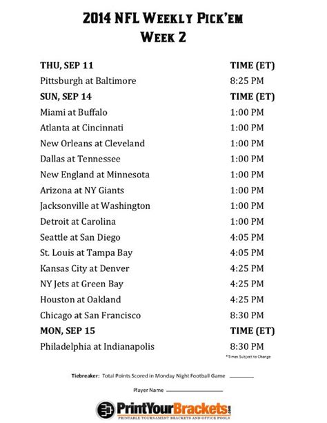 Printable Nfl Week 2 Schedule Pick Em Office Pool 2014