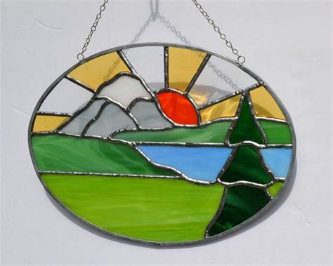 Stained Glass Nature Scene With Green Hills Water And Sun Etsy Stained Glass Diy Stained