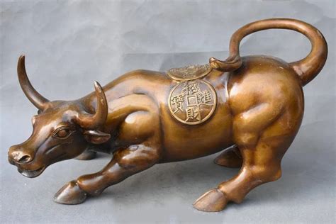 Chinese Feng Shui Copper Bronze Sculpture Wealth Coin Strong Bull