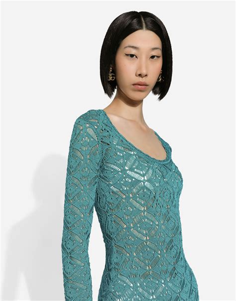 Crochet Calf Length Dress In Blue For Women Dolceandgabbana®