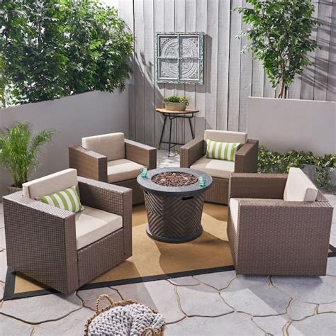 Noble House Pollock Brown Piece Faux Rattan Patio Fire Pit Set With