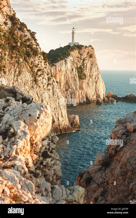 Lighthouse During Sunset Cape Doukato Lefkada Island Greece Stock