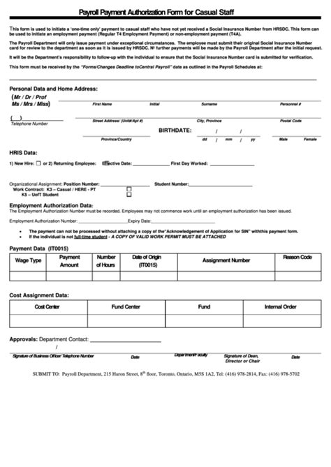 Fillable Payroll Payment Authorization Form For Casual Staff Printable