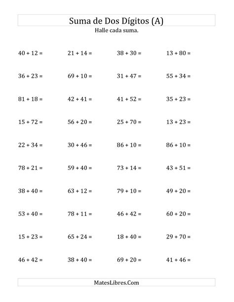 La hoja de ejercicios de matemáticas de Suma Horizontal de Dos Dígitos ...