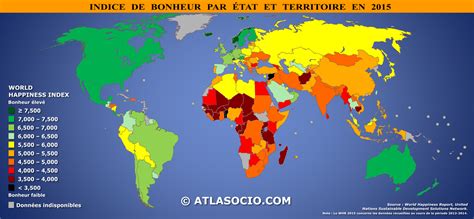 Carte du monde indice de bonheur par État Atlasocio