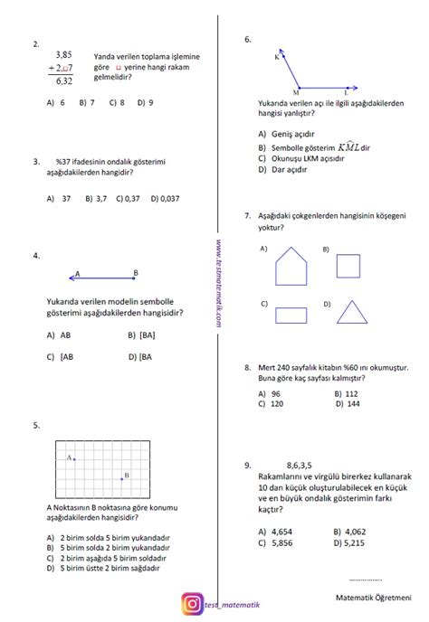 5 SINIF MATEMATİK 2 DÖNEM 1 YAZILI SINAVI 1 Test Matematik