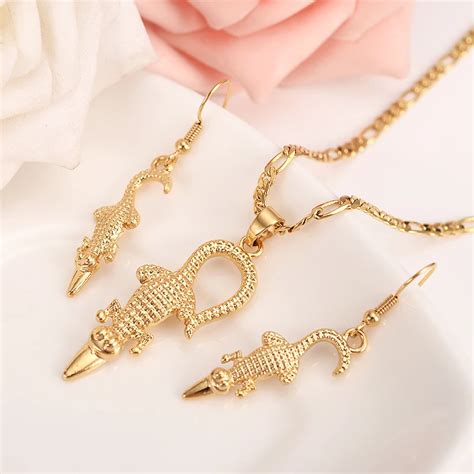 Crocodile Pendant Necklace&Earrings Set Gold Color Papua New Guinea ...