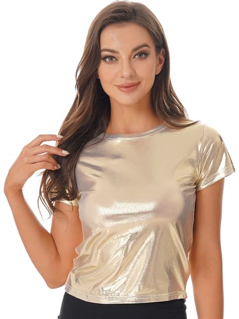 CHICTRY Womens Metallic T Shirt Sparkling Short Sleeve Tees Rave