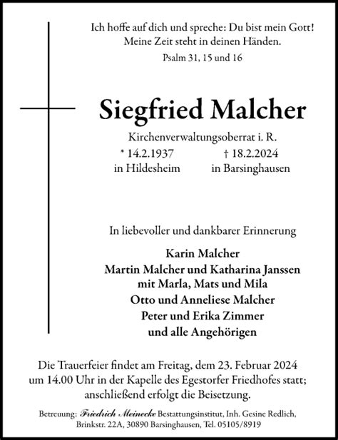 Traueranzeigen Von Siegfried Malcher Trauer Anzeigen De