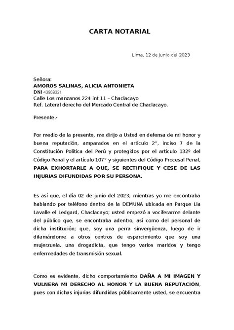 Carta Notarial Carta Notarial Lima 12 De Junio Del 2023 Señora Amoros Salinas Alicia