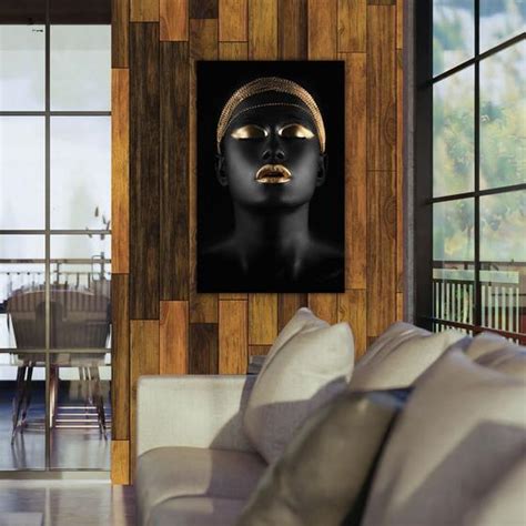 Quadro Decorativo Em Tela Face Mulher Negra Detalhes Dourado