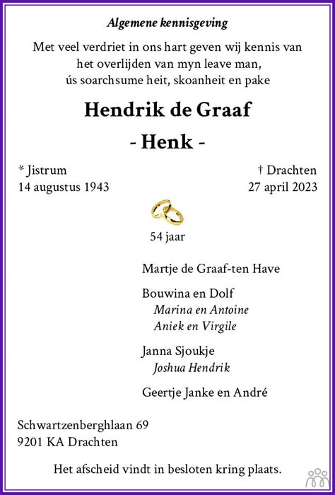 Hendrik De Graaf 27 04 2023 Overlijdensbericht En Condoleances