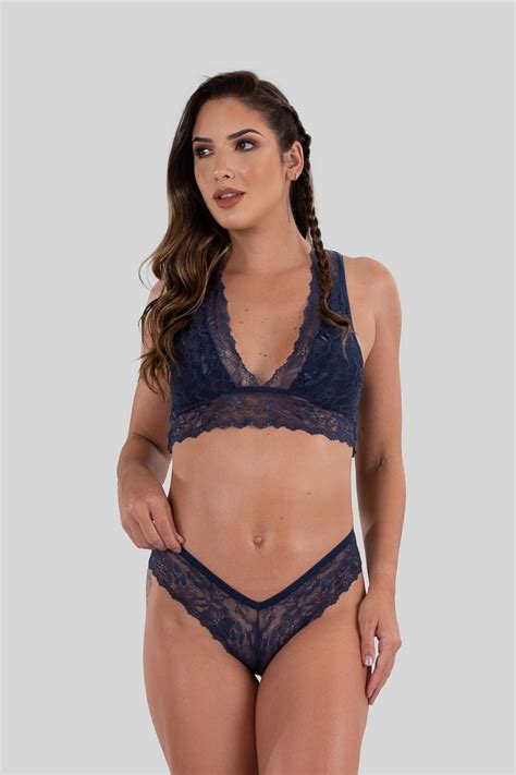 Conjunto Lingerie Patrícia de Renda Azul Marinho Ref P04 1 B Kaisan