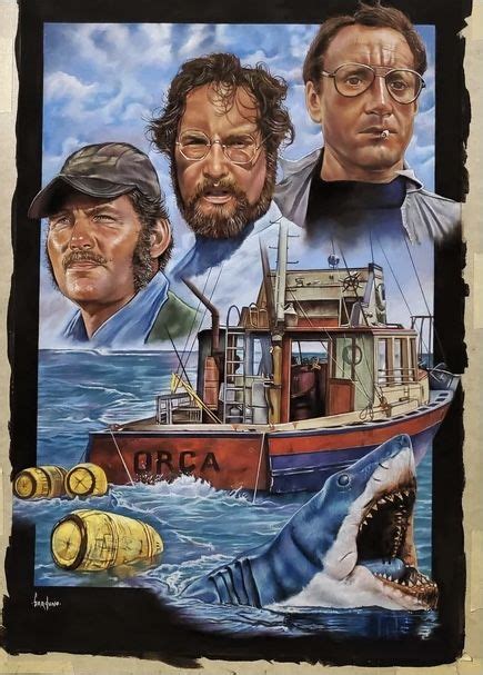 A Painting Of Three Men On A Boat With A Shark In The Water Next To Them