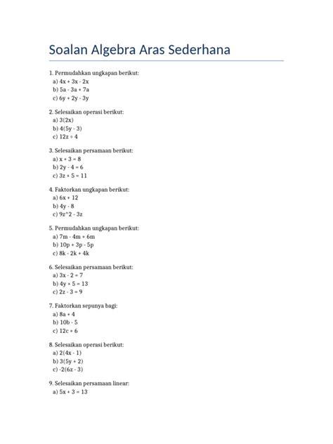 soalan algebra tingkatan  aras sederhana
