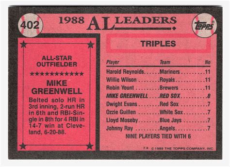 1989 Topps Mike Greenwell All Star Boston Red Sox 402 EBay