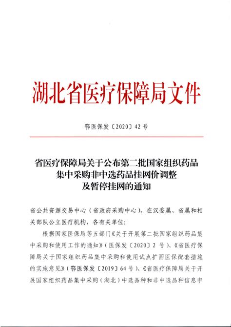 省医疗保障局关于公布第二批国家组织药品集中采购非中选药品挂网价调整及暂停挂网的通知 湖北省医疗保障局