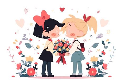 Premium Photo Lesbian Anime Couple On Falling Confetti White Background