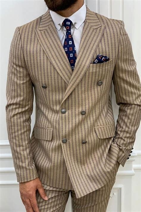 Varteni Brown Slim Fit Peak Lapel Double Breasted Striped Suit