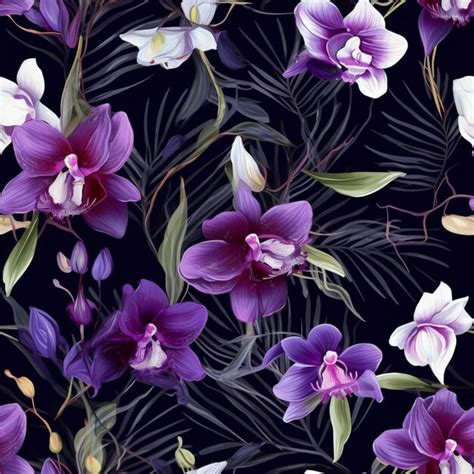 Premium Ai Image Purple And White Orchids On A Black Background With