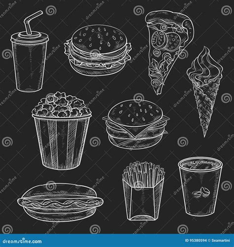 Fast Food Meals Vecor Icons Set Of Chalk Sketch Stock Vector