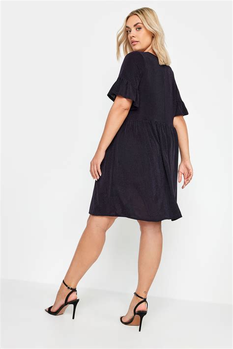 Yours Curve Plus Size Black Purple Glitter Frill Sleeve Tunic Dress