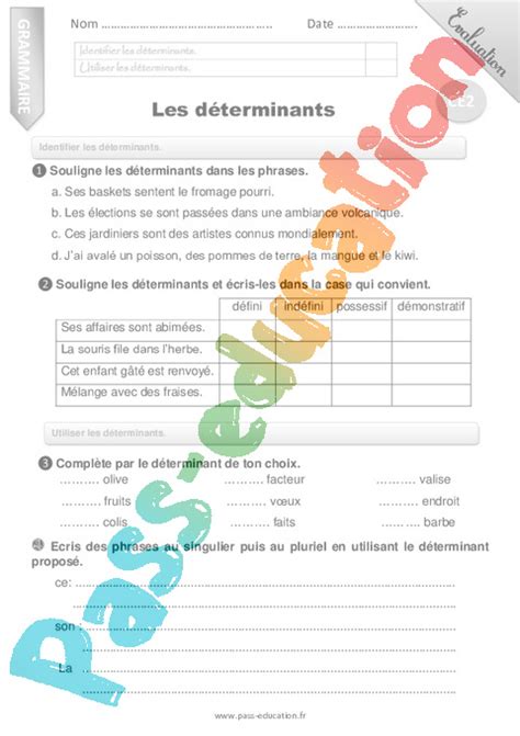 Classes de mots CE2 Exercice évaluation révision leçon pdf à imprimer