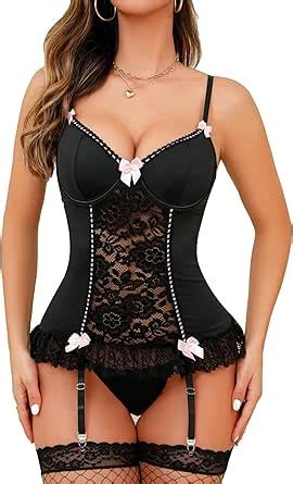 Aranmei Women S Lingerie Sets Sexy Floral Lace Bodysuit With Garter Belt V Neck Babydoll