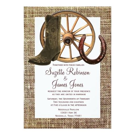 Burlap Cowboy Boots Wagon Wheel Horseshoe Wedding Invitation Zazzle