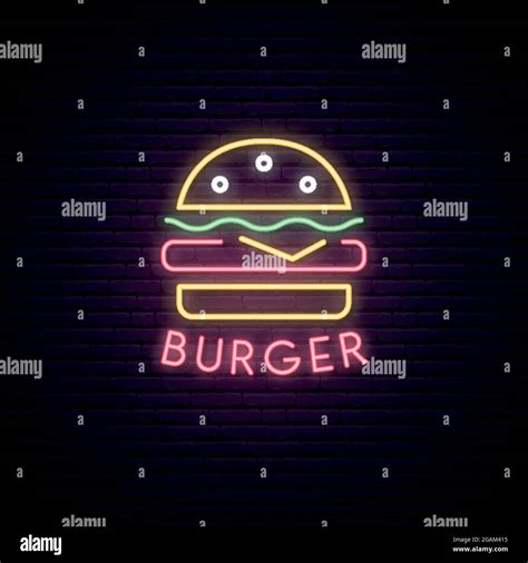 Neon Sign Of Burger Neon Cafe Emblem Bright Banner Advertising