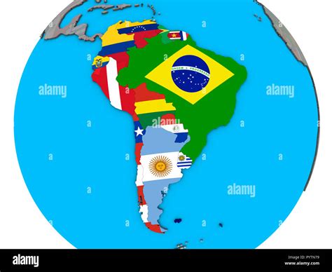 South America With Embedded National Flags On Blue Political D Globe