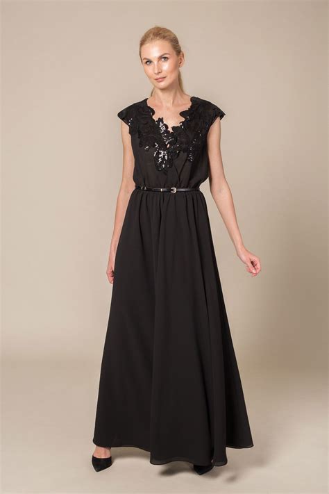 Black Belted Maxi Dress With Sequin Detail Le Parole